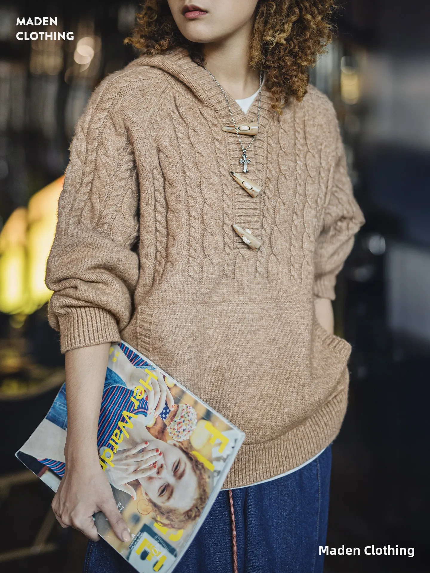 

Maden Brown f Open Collar Loose Thi Warm Knitted Sweater with Hat for Women Autumn Winter Casual Sle Long Sve