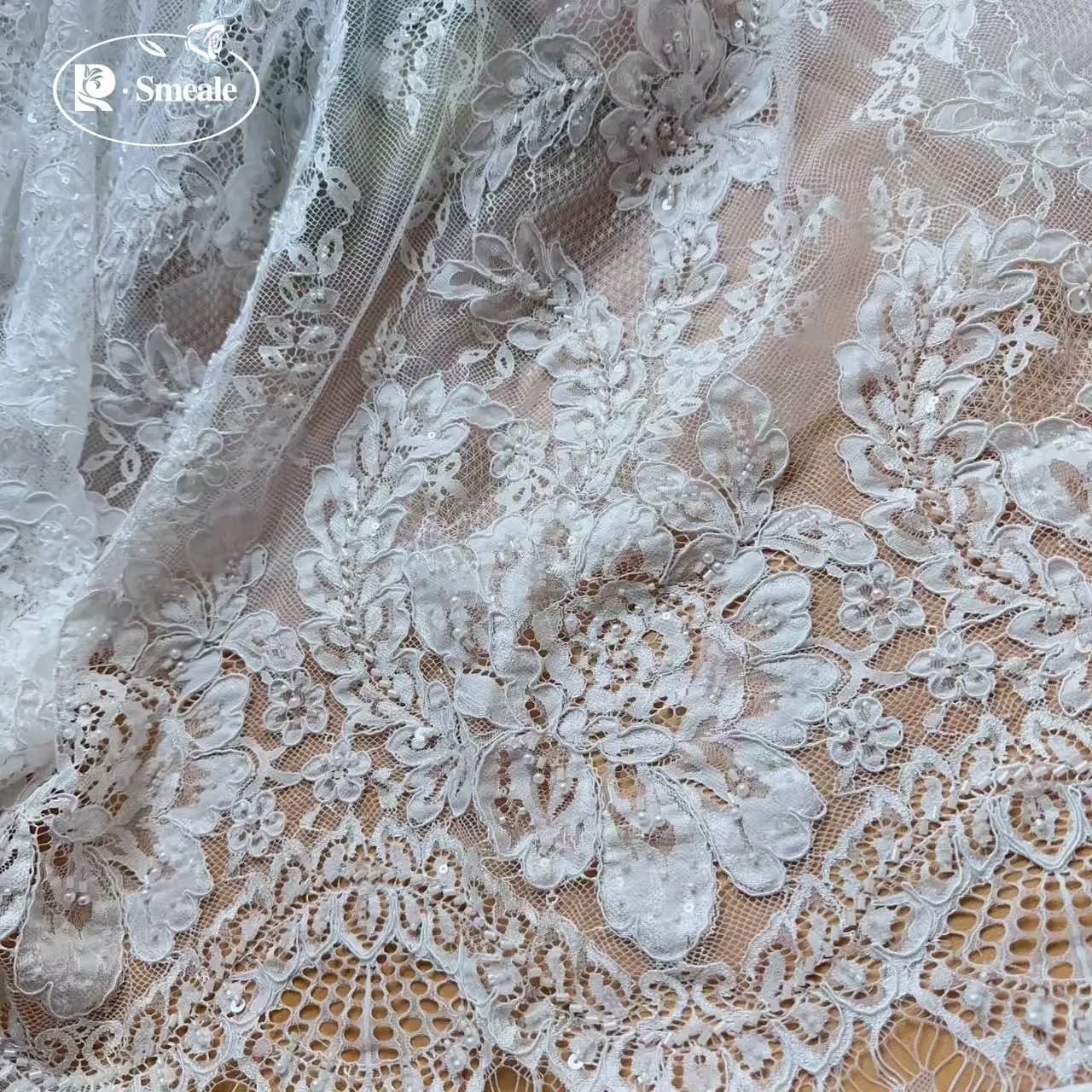 3Meters.White Beads Flash Sequins Lace Fabric.Luxury Evening Dress French Lace.Advanced Customization Bridal Wedding Fabric 2026