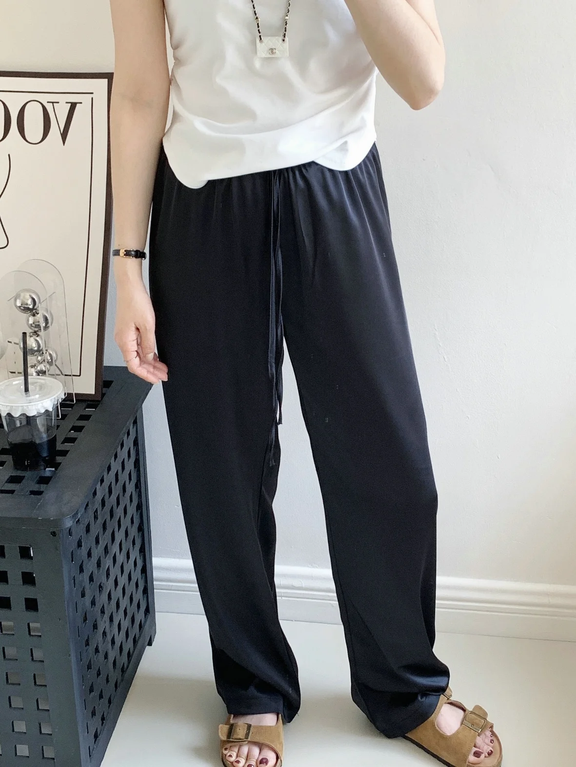 

Летние блестящие шелковистые брюки-палаццо из ледяного шелка, тонкие, широкие, прямые, в пол, женские повседневные брюки