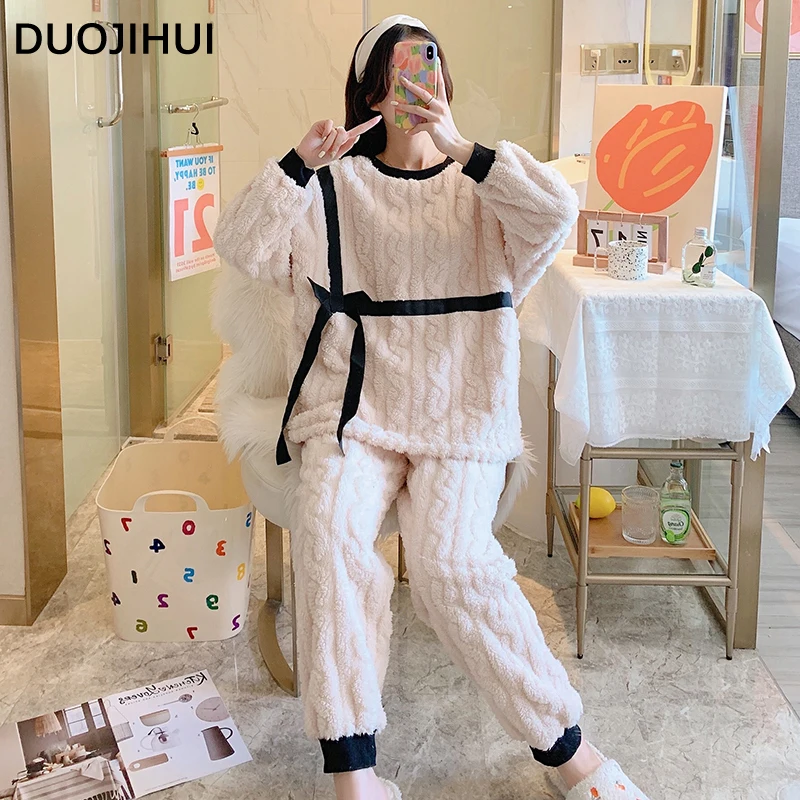 DUOJIHUI Loose Winter Thick Warm Soft Pajamas for Women New Contrast Color Fashion Bow Simple Casual 3-colors Female Pajamas Set