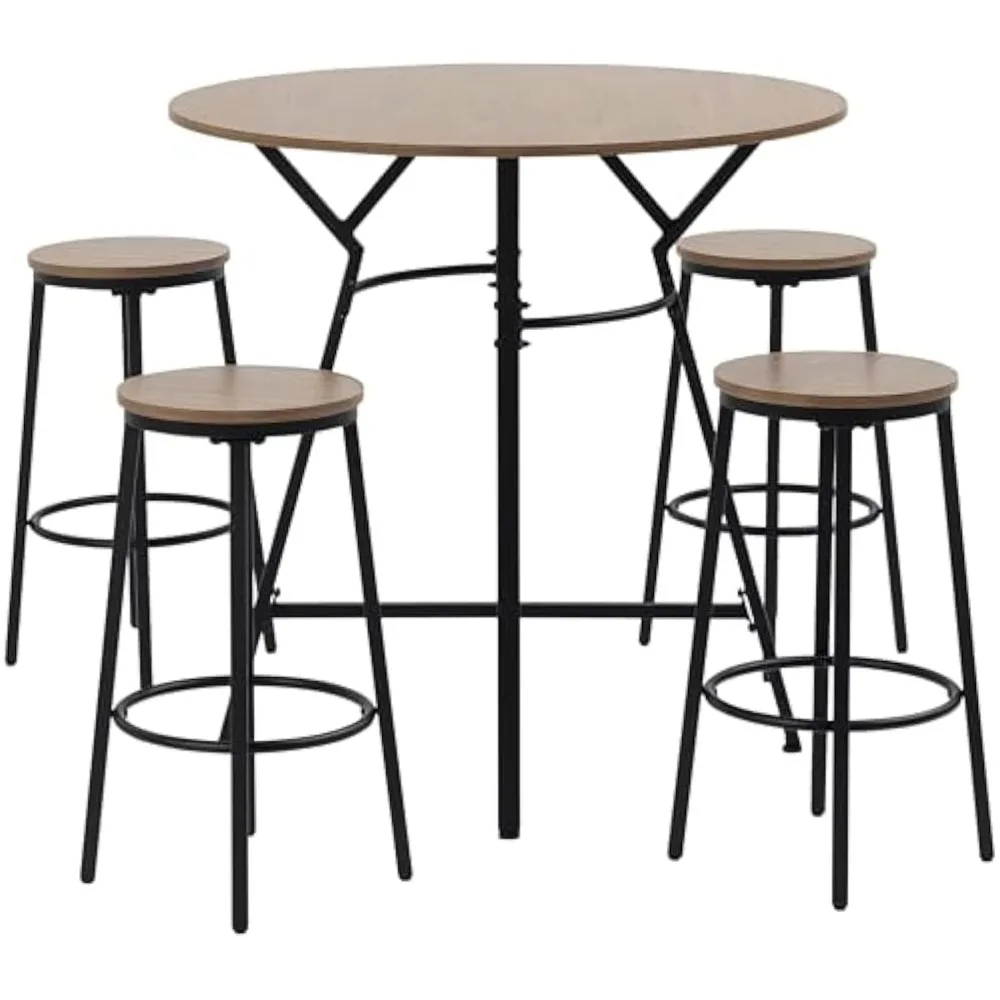 

Industrial 5-Piece Bar Table and Chairs Set, Space Saving Dining Table with 4 Stools for Pub and Kitchen, Black & Brown