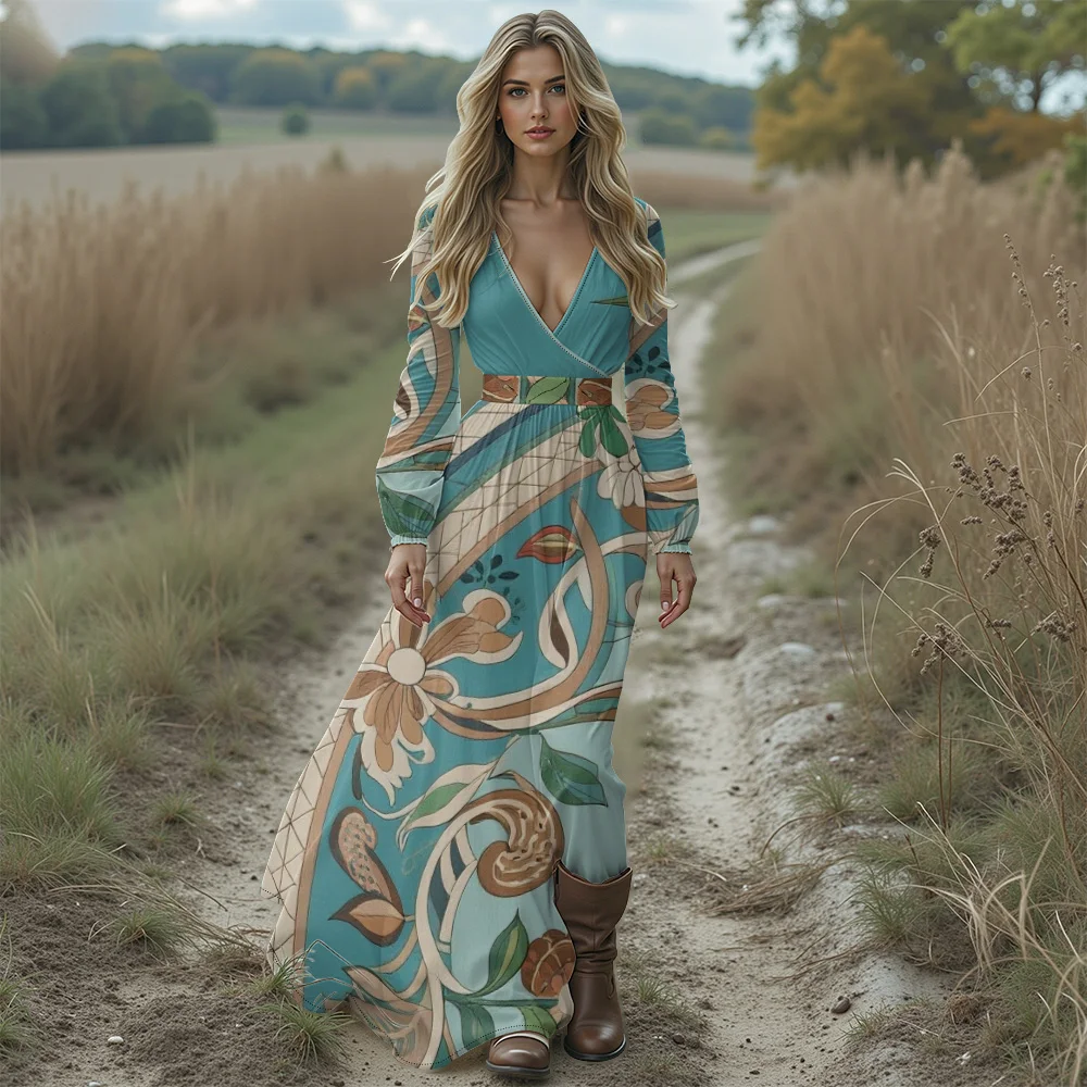 Sukienka maxi w stylu boho z kwiatowym wzorem hibiskusa, damska sukienka długa z głębokim dekoltem w serek, szyfonowa, z bufiastymi rękawami, zwiewna sukienka plażowa dla gościa weselnego.