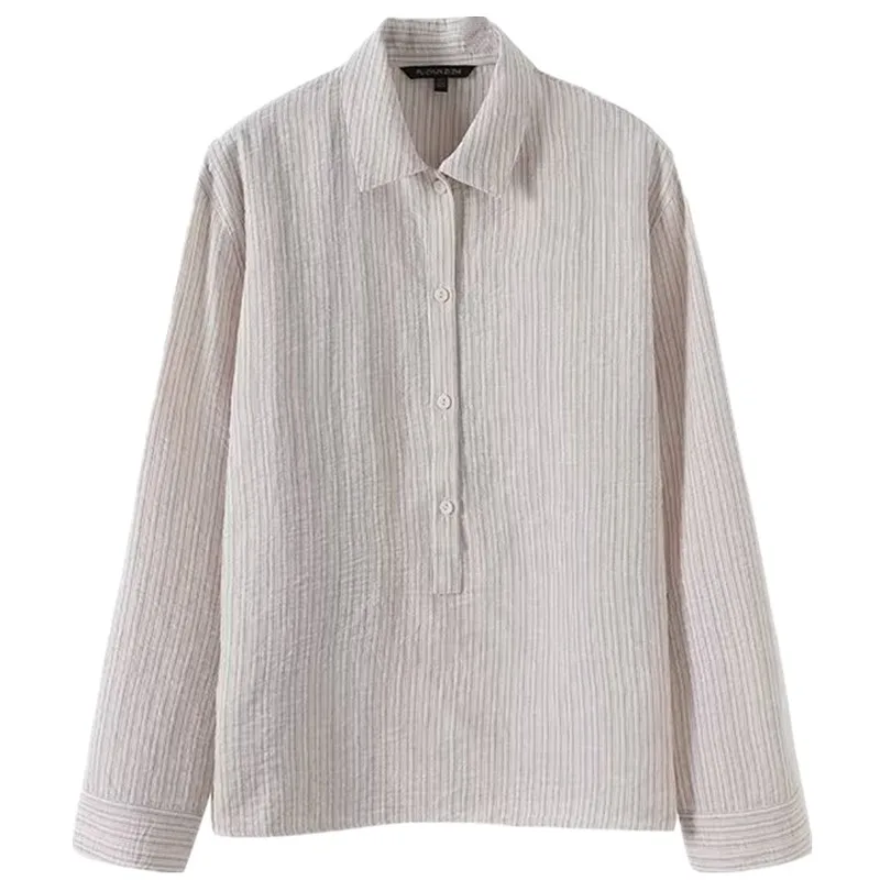 Verano 2025 Csa de Mujer a Rayas ra de Lino Puro con Cuello Csero de Manga Larga Versátil de Ajuste Hoado y Largo...