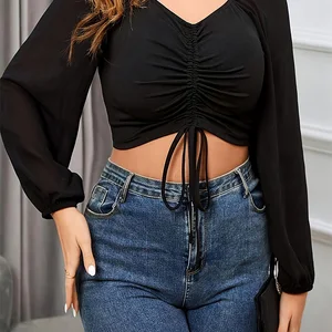 Dünne Tops mit weiblicher Ärmel aus der Schulter, gut einstellte sexy Hemden, mit Spitze, V -Neck, Monochrom, Plus Größe, modisch 10 Hauptverkäufe Black Plus Size Bluse - №3