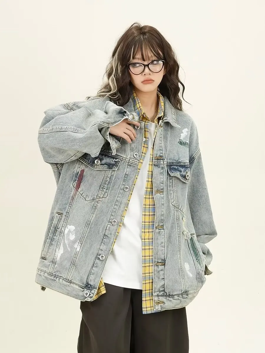

Retro American Tie Dye Hole Loose BF High Street College Sle Couple Jaet Trendy Autumn Winter Denim Coat Youth ular