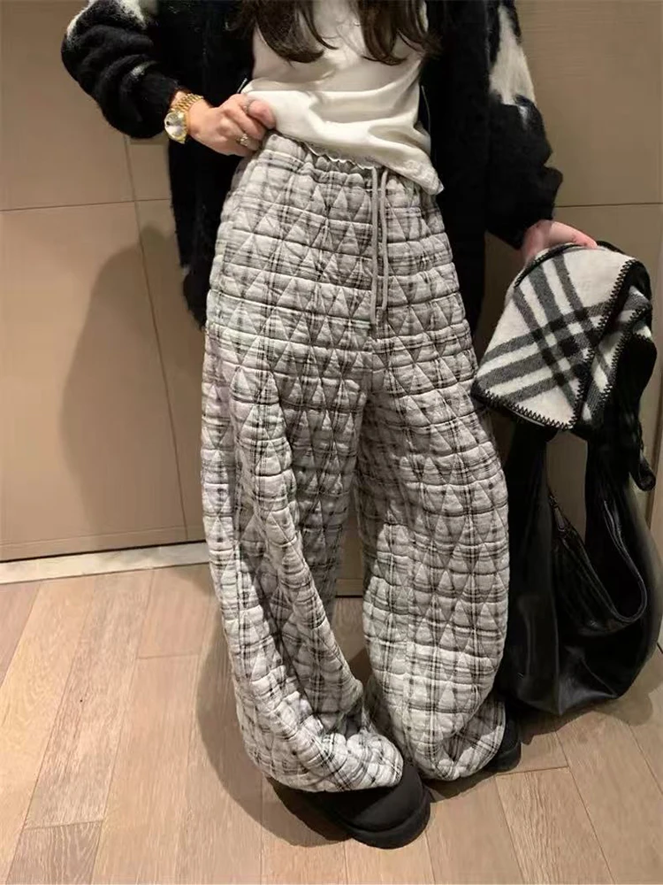 Vintage Plaid Wide Leg Pants Women Y2K Winter Thick Loose Drawstring Argyle Jogging Korean High Waist Streetwear Casual Trousers
