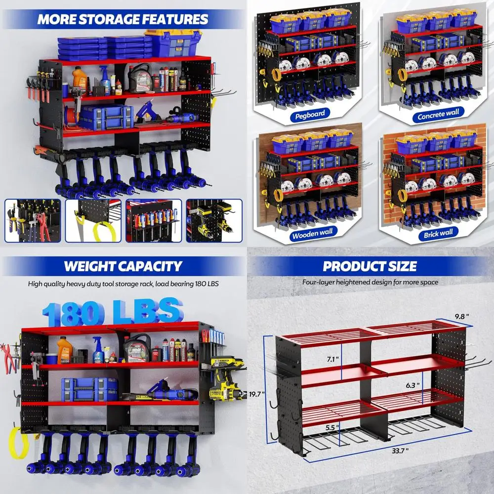 

4-Tier Heavy-Duty Power Tool Wall Rack with 8 Drill Holders, Supports 180 lbs for Garage and Workshop