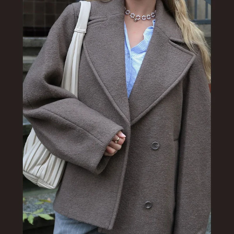 Women Coffee Notched Lapel Double Breasted Cropped Wool Jacket Korean Wide Lapel Outfit 2026 Ladies Daily Office Apparel