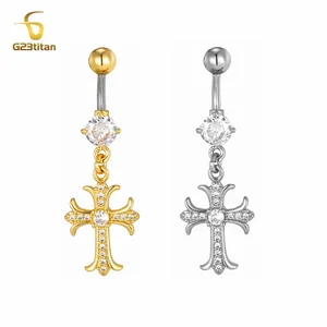 G23titan Shiny Zircon Cross Menjuntai Cincin Pusar 14G Titanium Bar Perhiasan Tubuh Tindik Pusar untuk Wanita Pria Aksesori Seksi 10 anting cartier penjualan terbaik - №