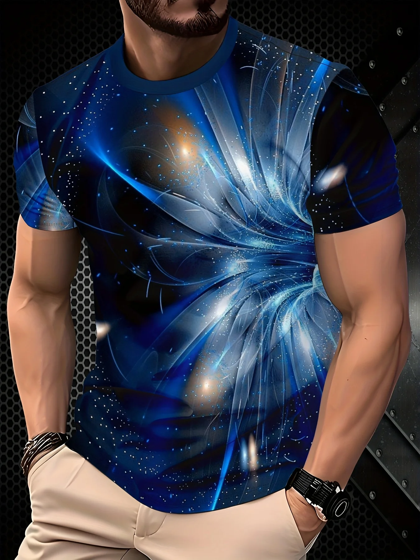 Men Black Blue Galaxy Light Swirl Print Tee O Neck Short Sleeve Summer Casual Top
