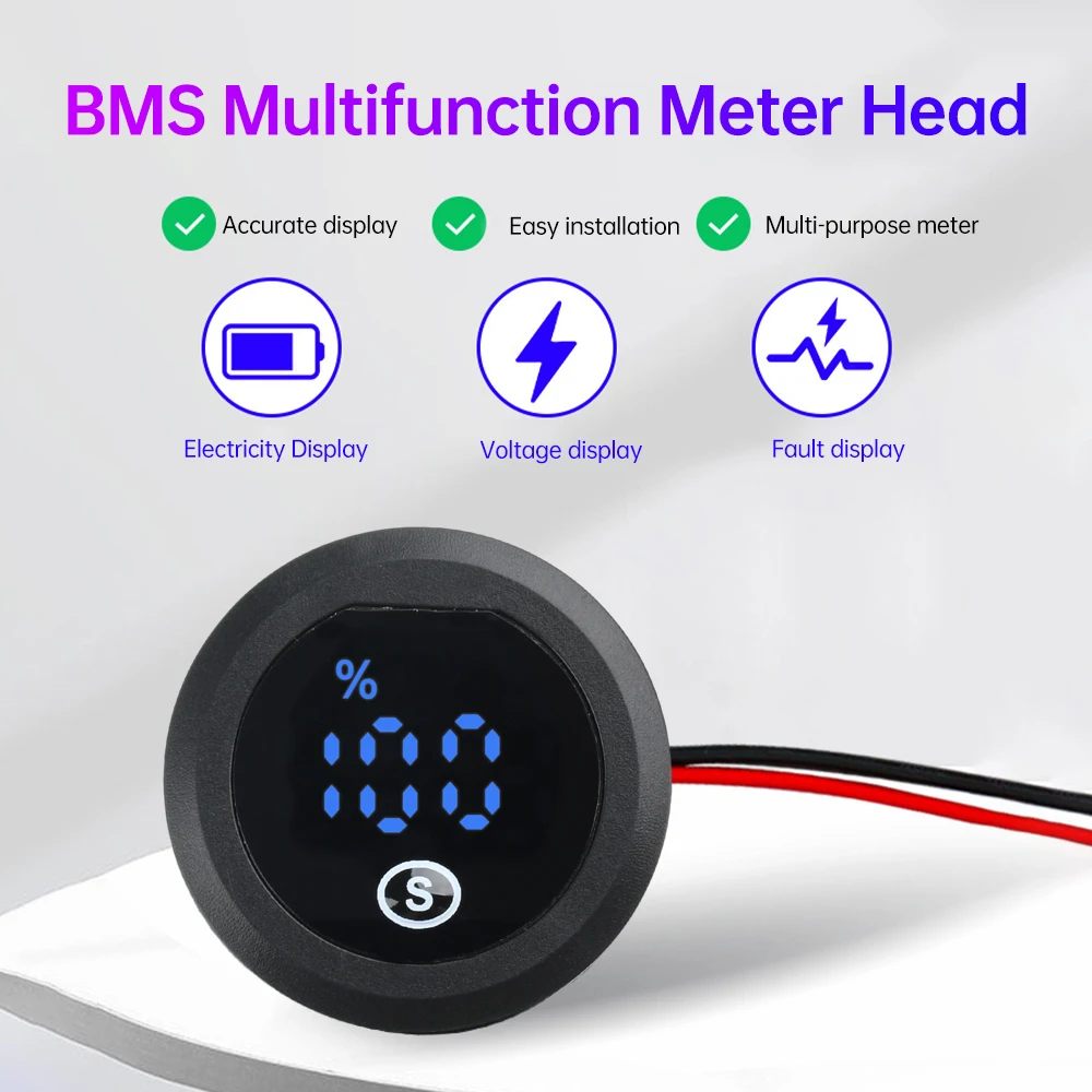 DC12-60V Round Voltmeter Auto Voltage Meter LED Digital Measurement for BMS Protection Board / LiFePO4 / Lithium-Ternary Battery