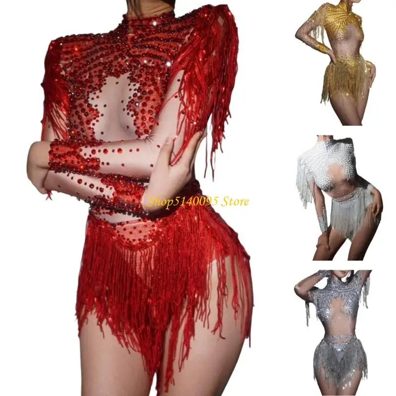 

DXAE латинский танцевальный наряд, впитывающий пот, сценический костюм из полиэстера, бодукостюм с длинными рукавами и бахромой