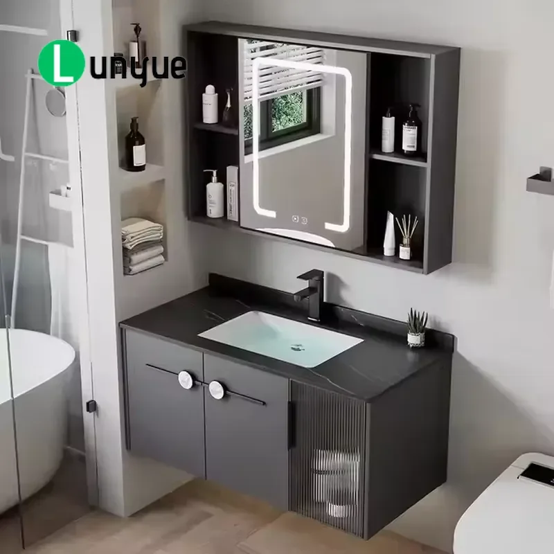 Chinese Modern Style Black Rectangular Wall Mounted Bathroom Cabinet Durable Eco Friendly Wood Sink Vanity Easy Installation