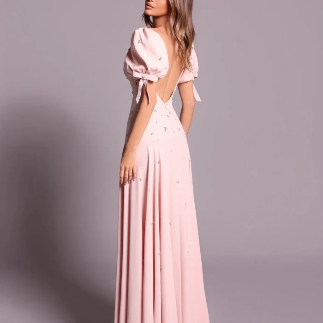 Amanda Customized Blush Pink Square Neck Puff Sleeve Beaded Prom Dress Bow Detail vestidos de noche Formal Evening Fitted 2025