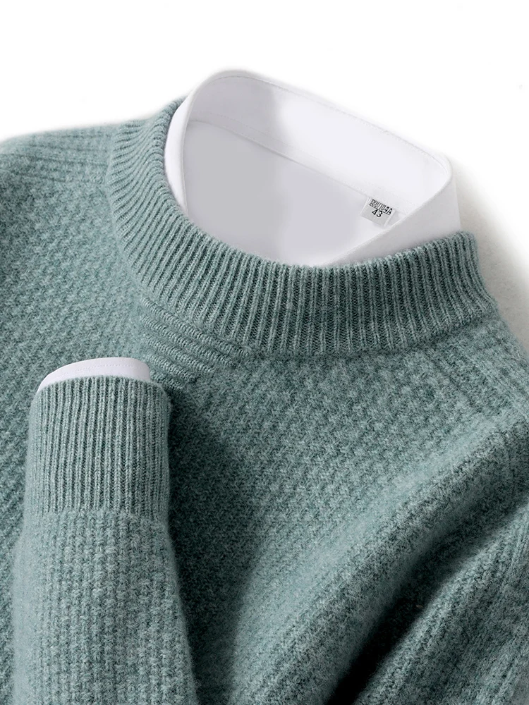 100% Merino Wool Men's Mock Neck Pullover Sweater Autumn Winter Thick Warm Smart Casual Jumper Cashmere Knitwear Clothes Tops