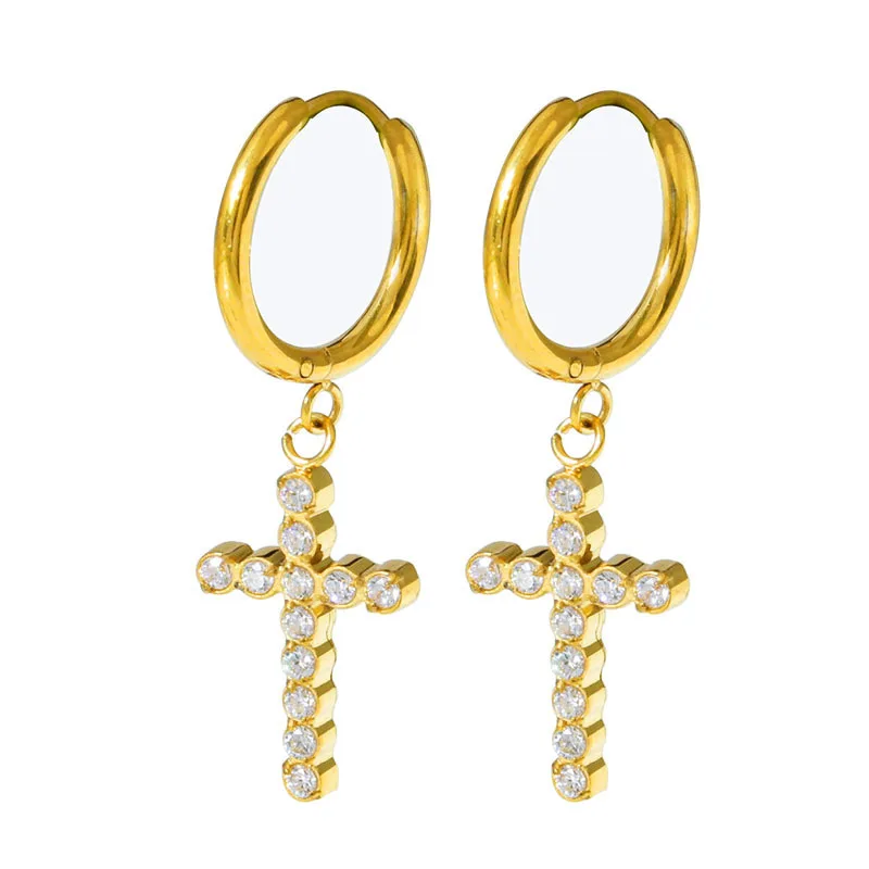 European and americanaccessible luxury micropaved zircon earrings for women stainless steel cross