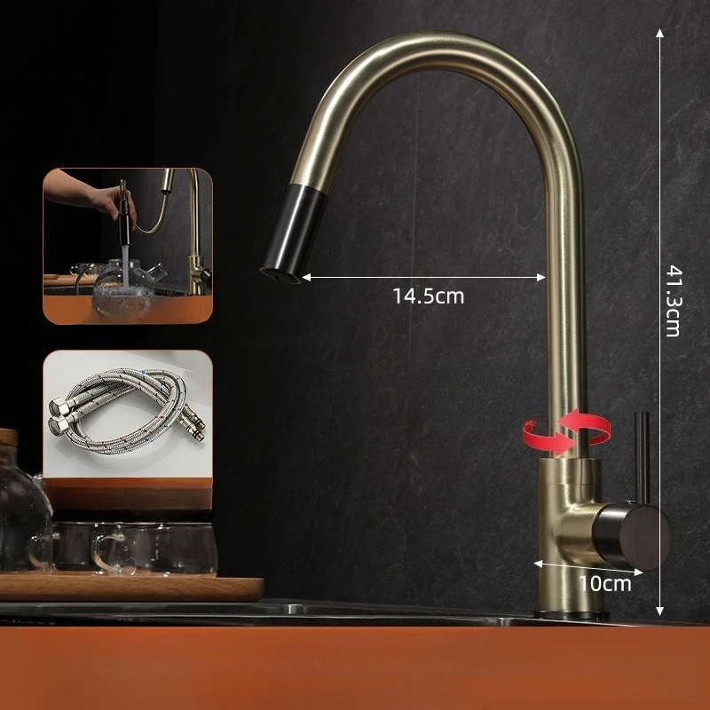 Antique Copper Pull-out Kitchen Faucet, Household Vegetable Basin Sink, Rotating Hot and Cold Dual-use Splash Proof Faucet