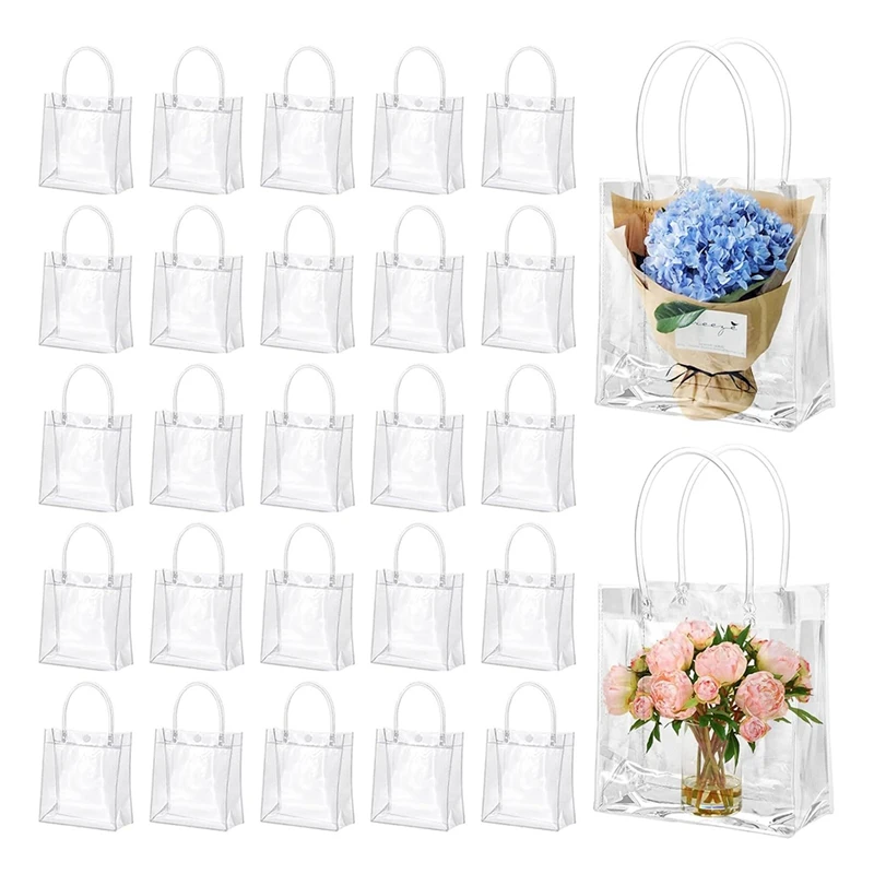 New-50 Pcs Clear Gift Bags With Handles Plastic Gift Bags Transparent Reusable Tote Bags Candy Goodie Bags For Wedding