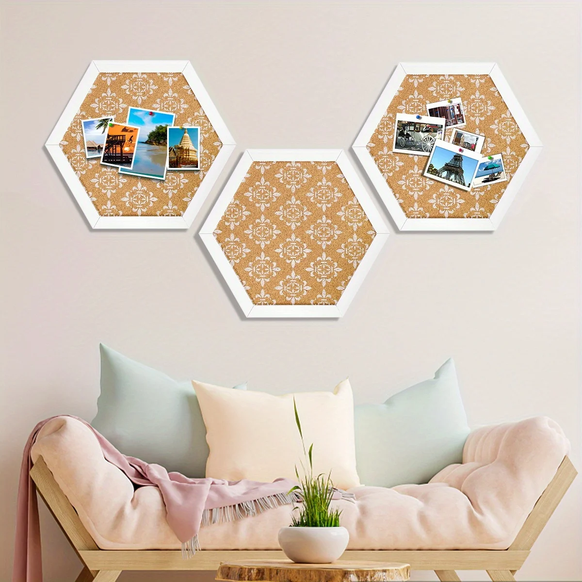 Hexagonal Cork Board 1Pack with Floral Print Wooden Frame Black White Optional Wall Decor Pin Board for Home Bedroom Office