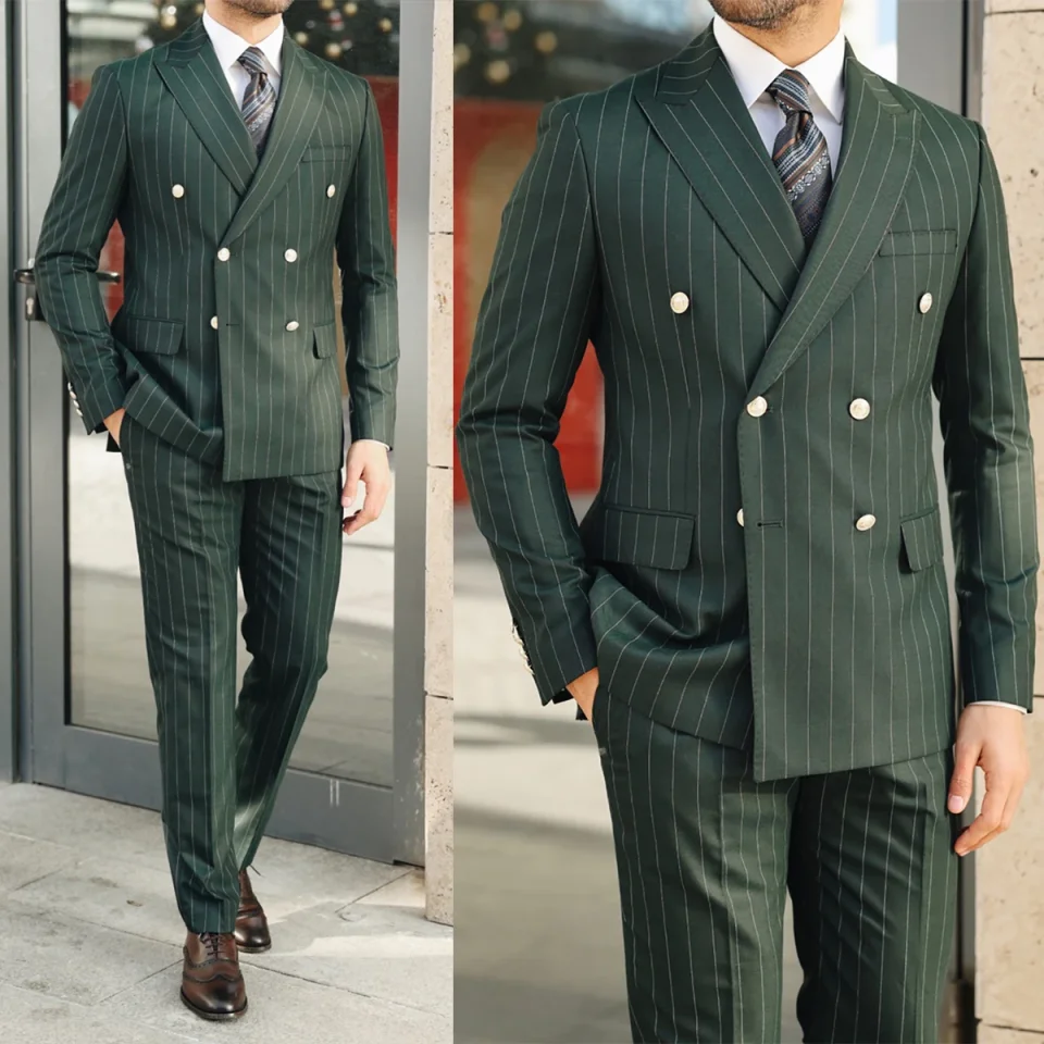 

Green Pinstripe Business Men Suits Groom Groomsman Wedding Party Prom Formal Occasion Tuxedos Custom 2 Piece Set Jacket Pants