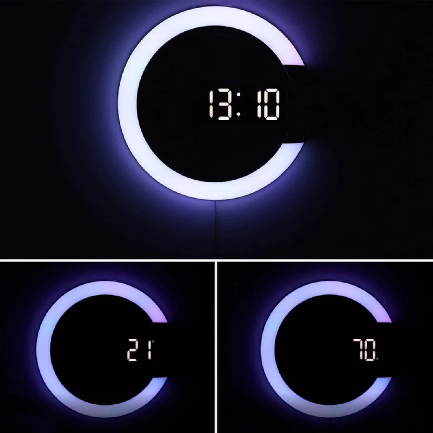 LED Nightlight Digital Wall Clock Alarm Mirror 3D Hollow Watch Table Clock 7 Colors Temperature for Home Living Room Decorations