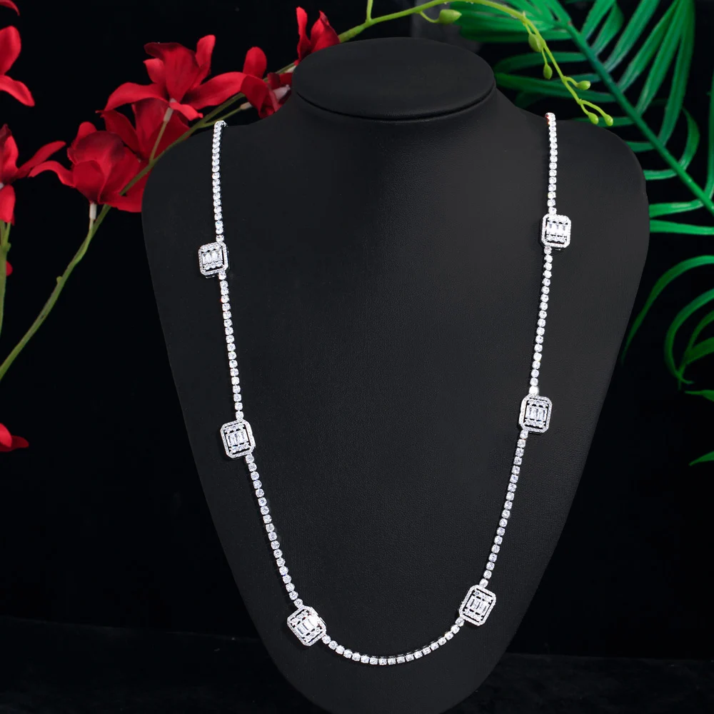 CWWZircons-collar de cadena de suéter largo para mujer, joyería de graduación nupcial de Dubai, CZ, circonita cúbica, pavé, Color plateado, Baguette ostentoso, CP120