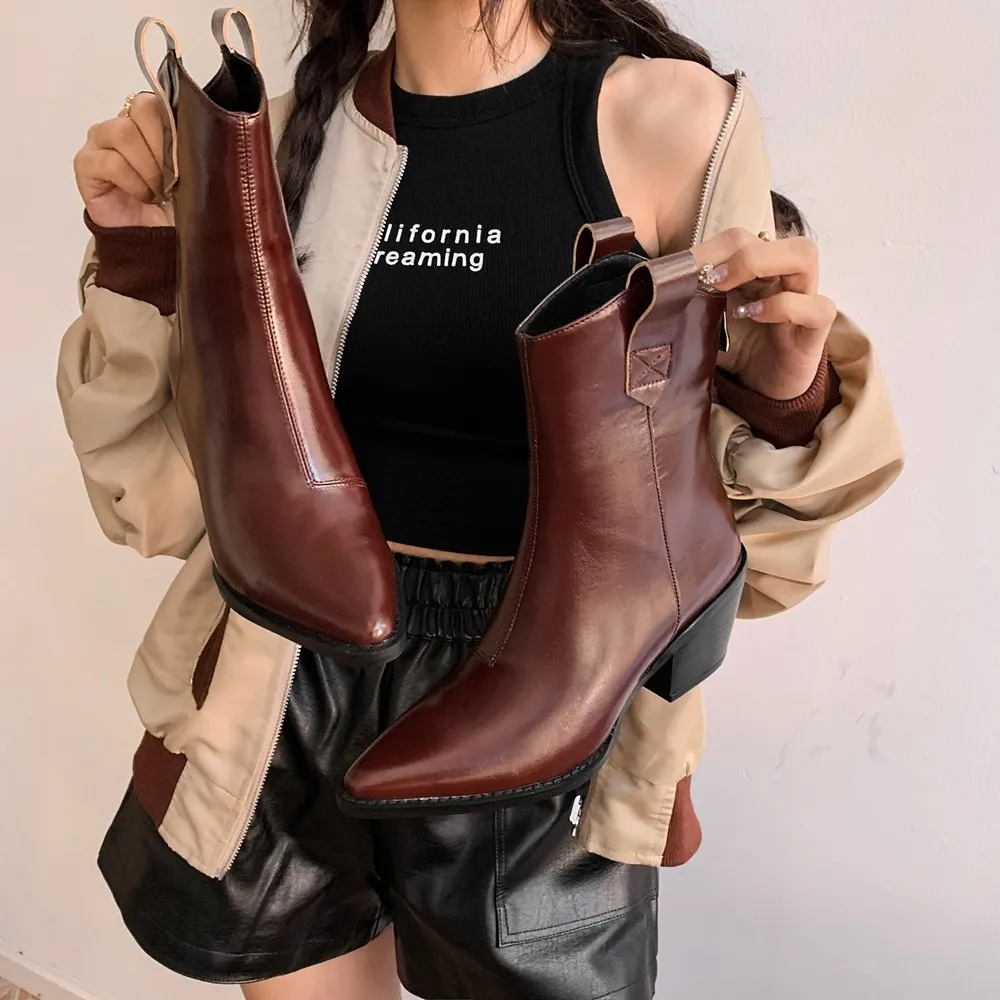 Plus Size 33-45 Autumn Pointed Toe Western Cowboy Boots Punk Chunky Ankle Boots Women Cossacks Booties Wedges Shoes Botas Mujer