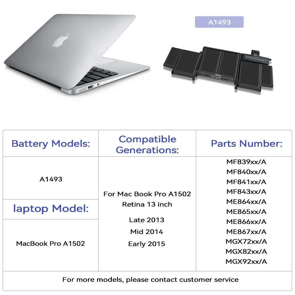 SKOWER High Performance A1493 Battery For Macbook Pro 13 inch Retina A1502 (Late 2013 Mid 2014 Early 2015) Replacement A1582