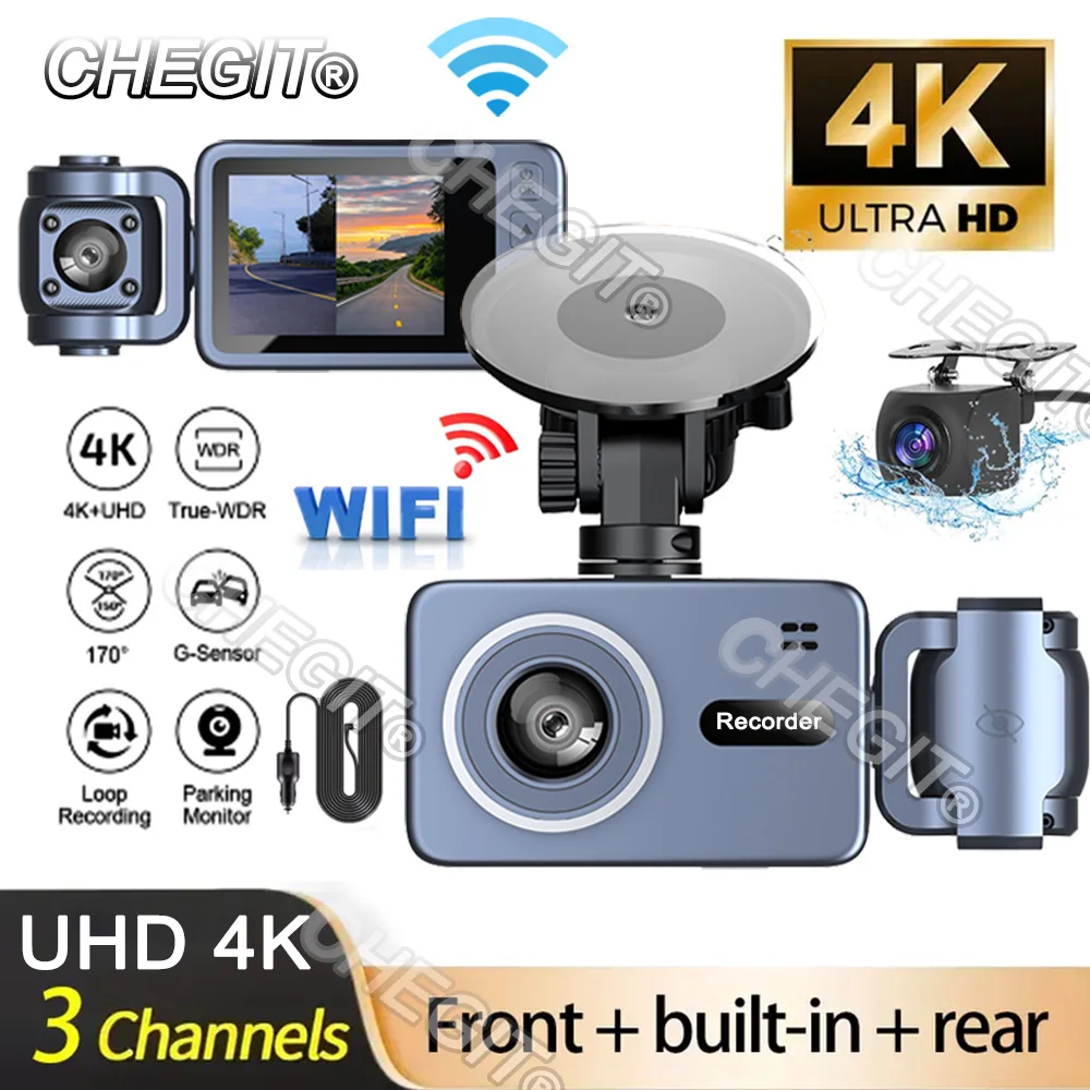

4K Car Dvr 3Channels Video Recorder Wifi Front inside Rear View Camera DashCam for Cars Camera 24H Parking Monitor Black Box