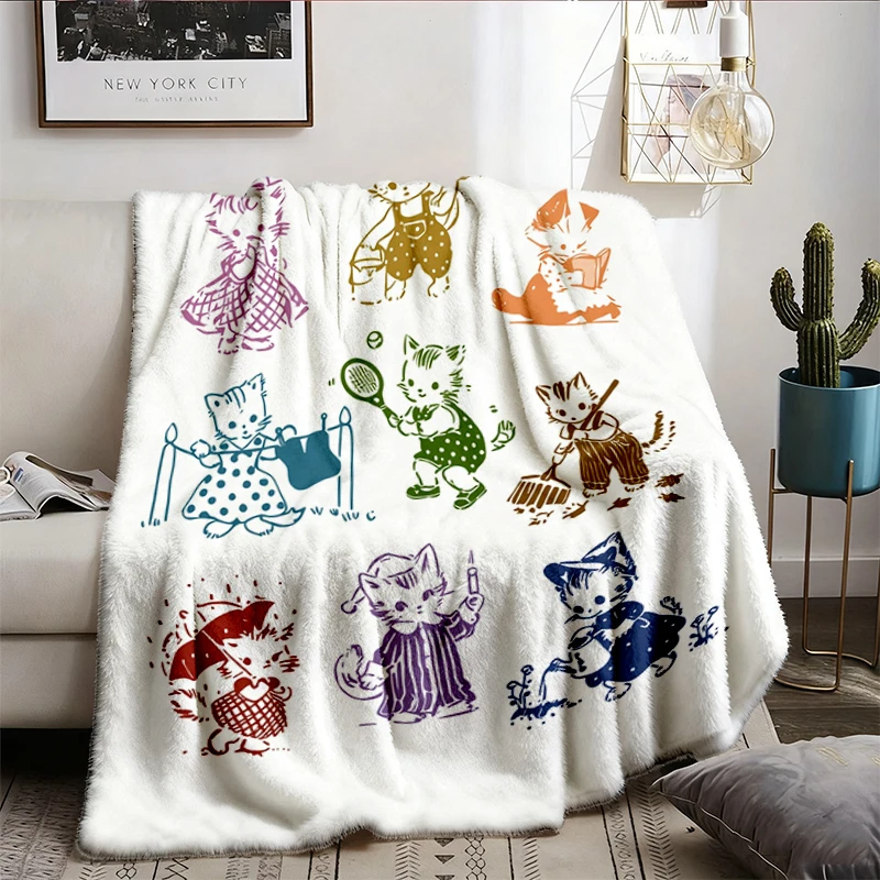 Cat 90s Tattoo Vintage Flannel Blanket, Retro Kitten Cute Flannel Throw, Cats Playing Unisex Relaxed Adult Cozy Blanket
