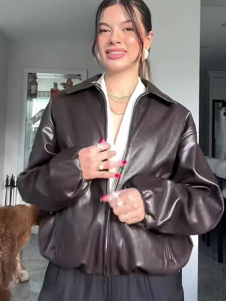 PU Leder Jacken Für Frauen Mode Streetwear Zipper Bomber Jacke Mäntel Herbst Neue Casual Lose Revers Bomber Oberbekleidung