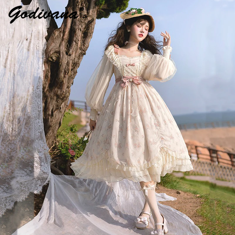 

Spring and Autumn Op Dress Women's Elegant Lolita Long Sleeve Square Collar Slim Princess Dresses