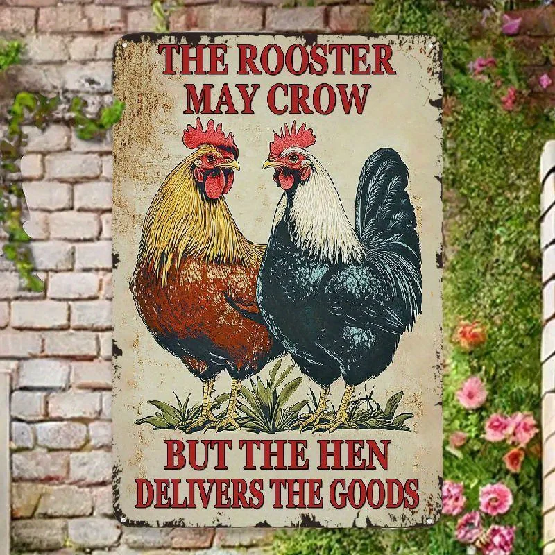 1 Stück 2D Flaches Vintage Metallschild mit Aufschrift „Roosters Crow Hens Deliver More“ für Landhaus- und Küchendekoration