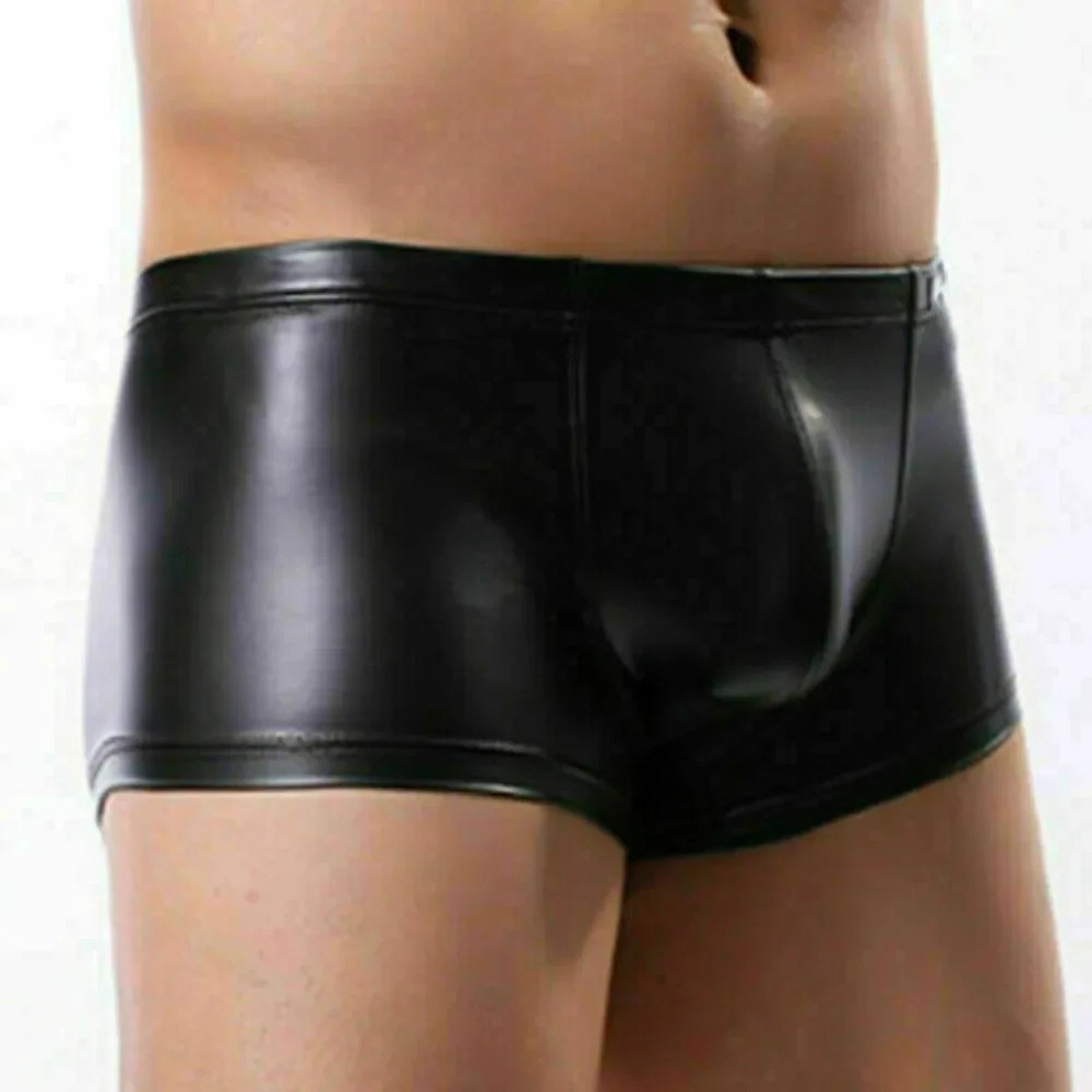 Sexy Mens Leather Shorts Underwear Night Clubwear Pouchshort Latex Seamless Panties Tight Underpant Lingerie Hombre