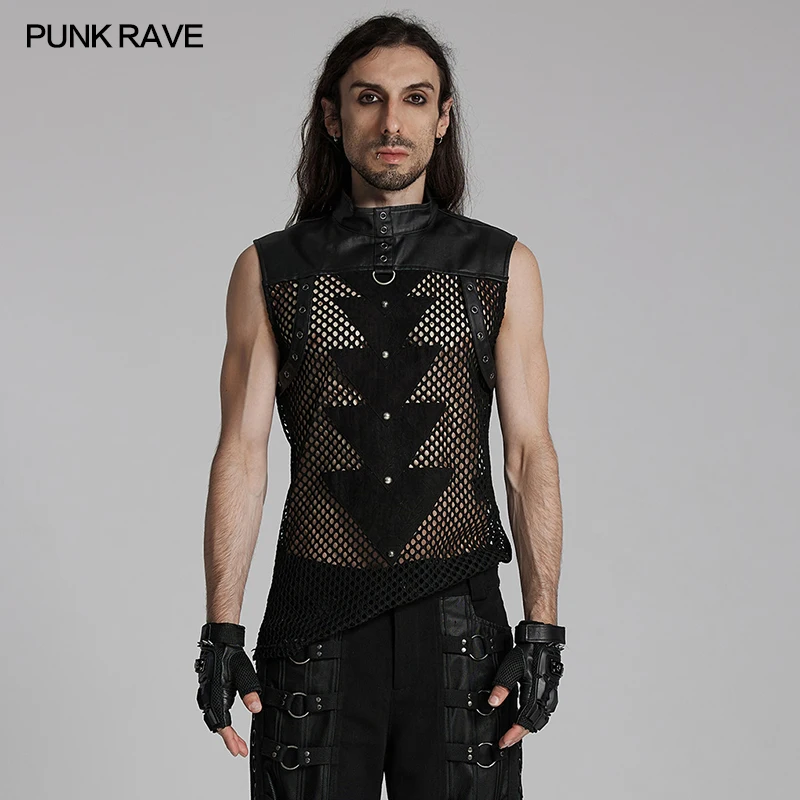 PUNK RAVE Men's Punk Personalized T-shirt Triangular Pieces Splicing Design Streetwear Black Tops Cool Vest Men Clothing