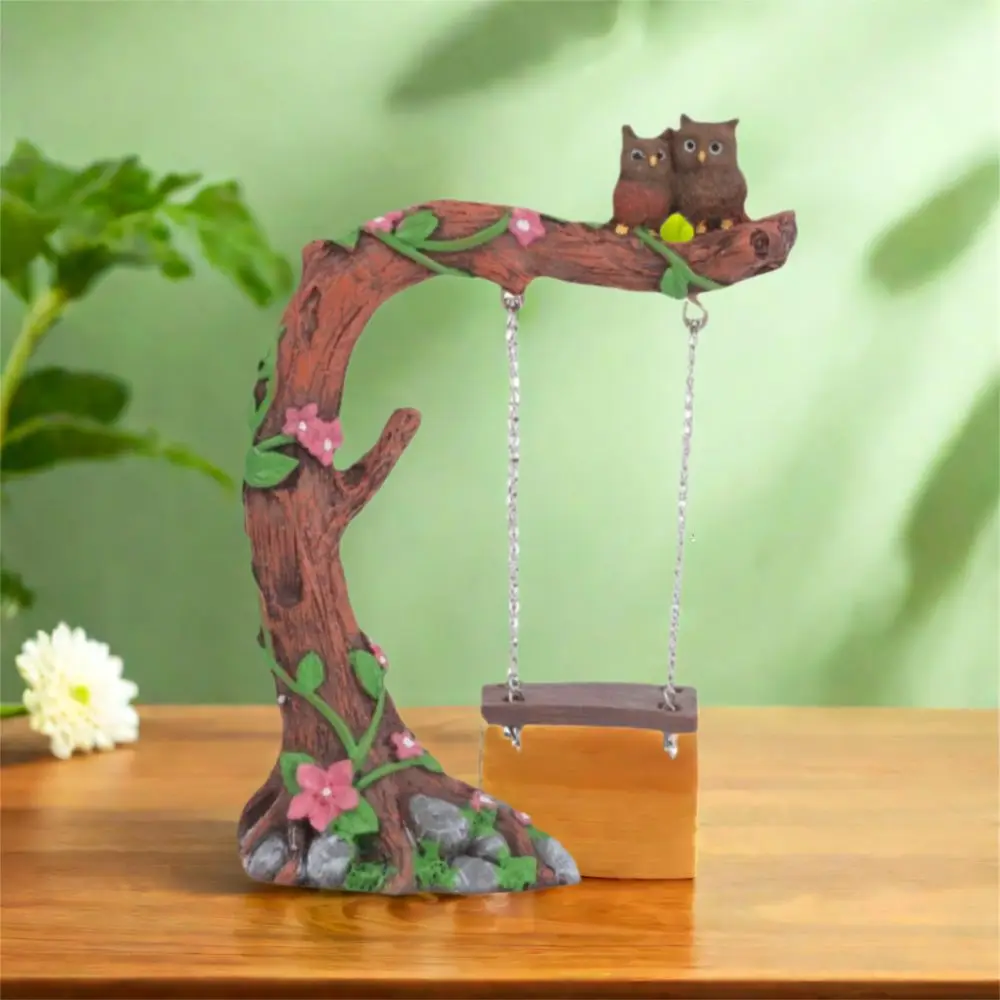 

Durable Cute Garden Owl Swing Statue Resin Crafts Handmade Mini Swing Figurine Funny Owl Stump Ornament For Outdoor Gardens