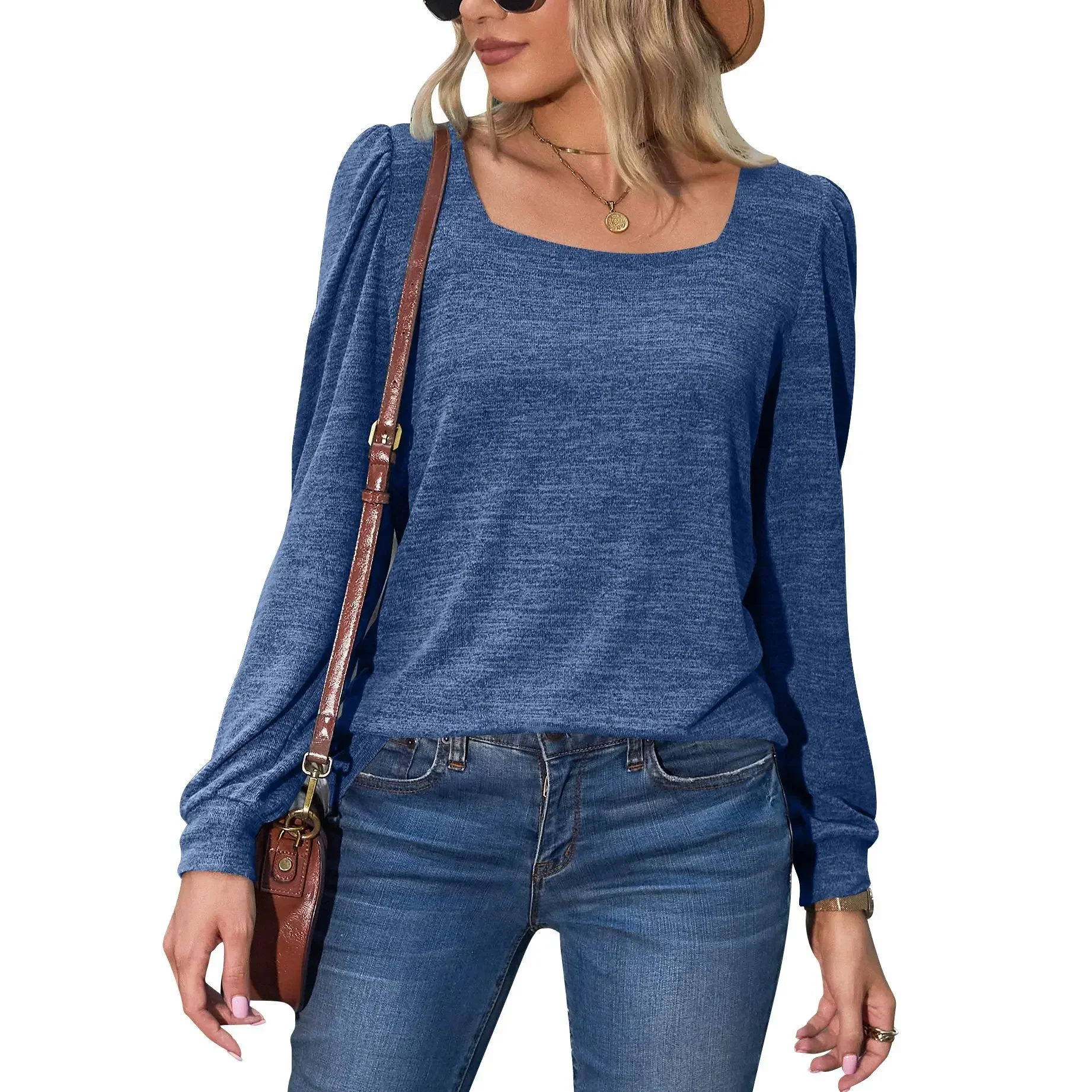 

Women New Spring Autumn Long Sleeve Tops 2025 New Bubble Sleeves Square Collar Women T-shirt Casual Loose Women Top With Sleeves