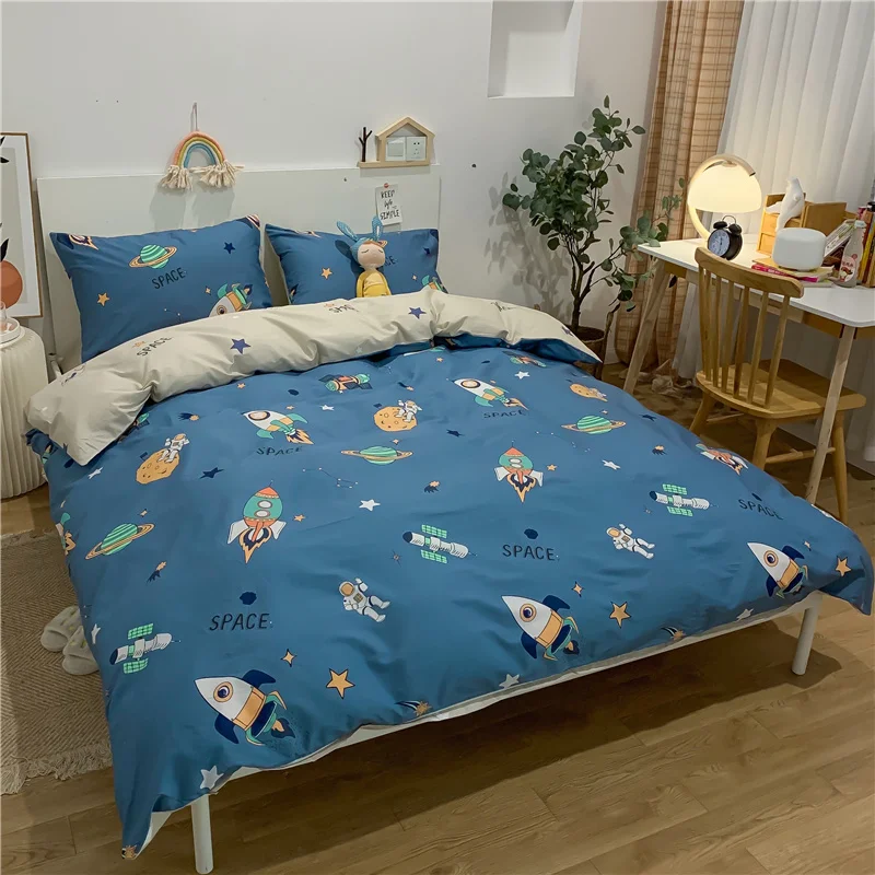 Cartoon Astronaut Duvet Cover Set Twin 3PCS Cotton Space Galaxy Rocket on Navy Blue Bedding Set Reversible Star Comforter Cover