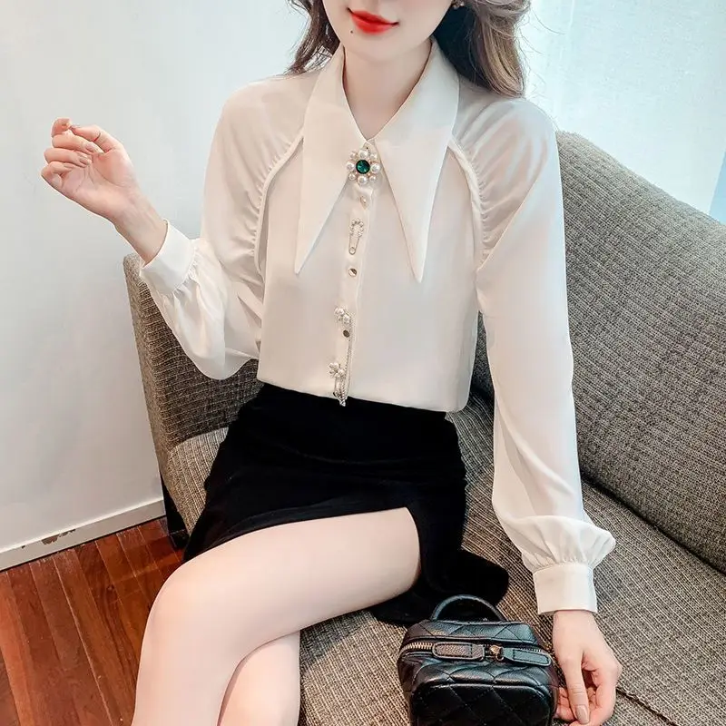 Spring Autumn New Solid Color Fashion Shirt Women Turn-down Collar Long Sleeve Button Cardigan Embroidered Flares Elegant Tops