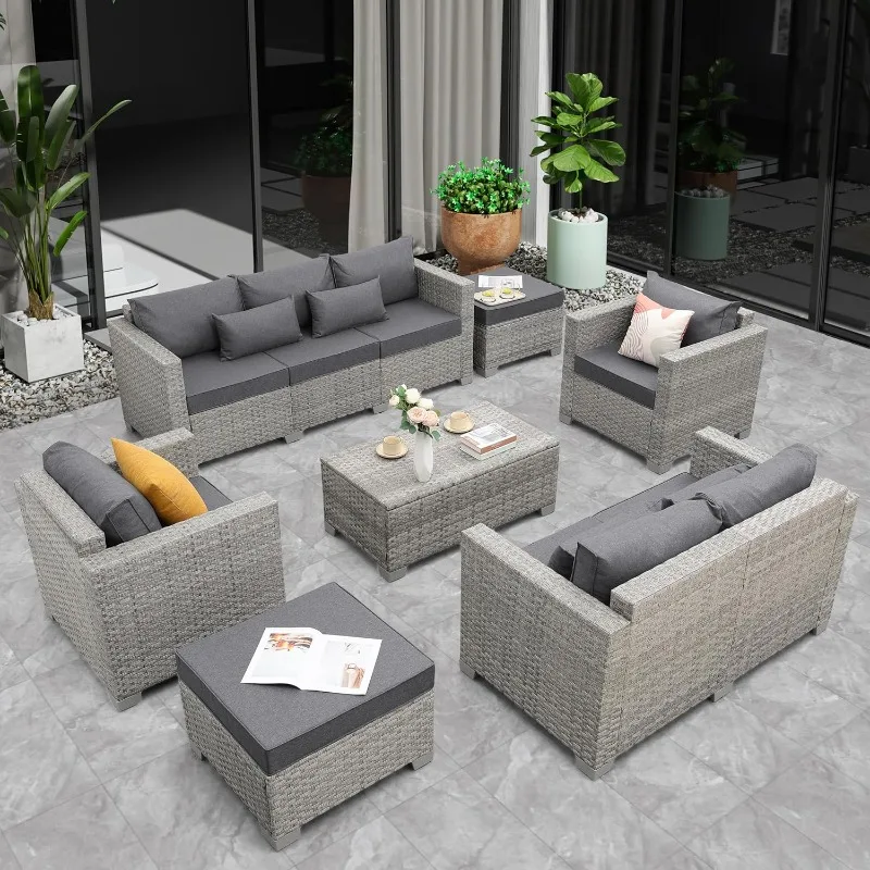 Patio Furniture Set Gray Rattan 7 Pieces Outdoor Sectional Sofa PE Wicker Conversation Chairs With Storage Table And Non-Slip