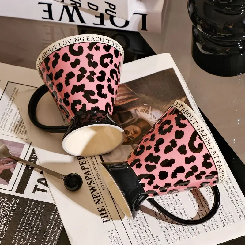 Pink Leopard Print Horn Cup,Ceramic Mug with Spoon Gift Box,Niche Office Water Cup Coffee Cup, Art Set for Girls' Birthday Gifts
