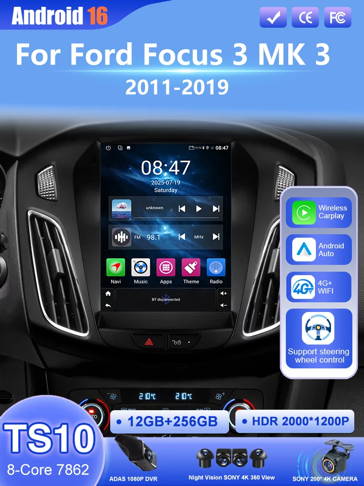 Android 16 Autoradio Stereo Voor Ford Focus MK3 2011-2019 Auto GPS Navigatie Multimedia Speler GEEN 2Din DVD 4G Draadloze Carplay - afbeelding 2
