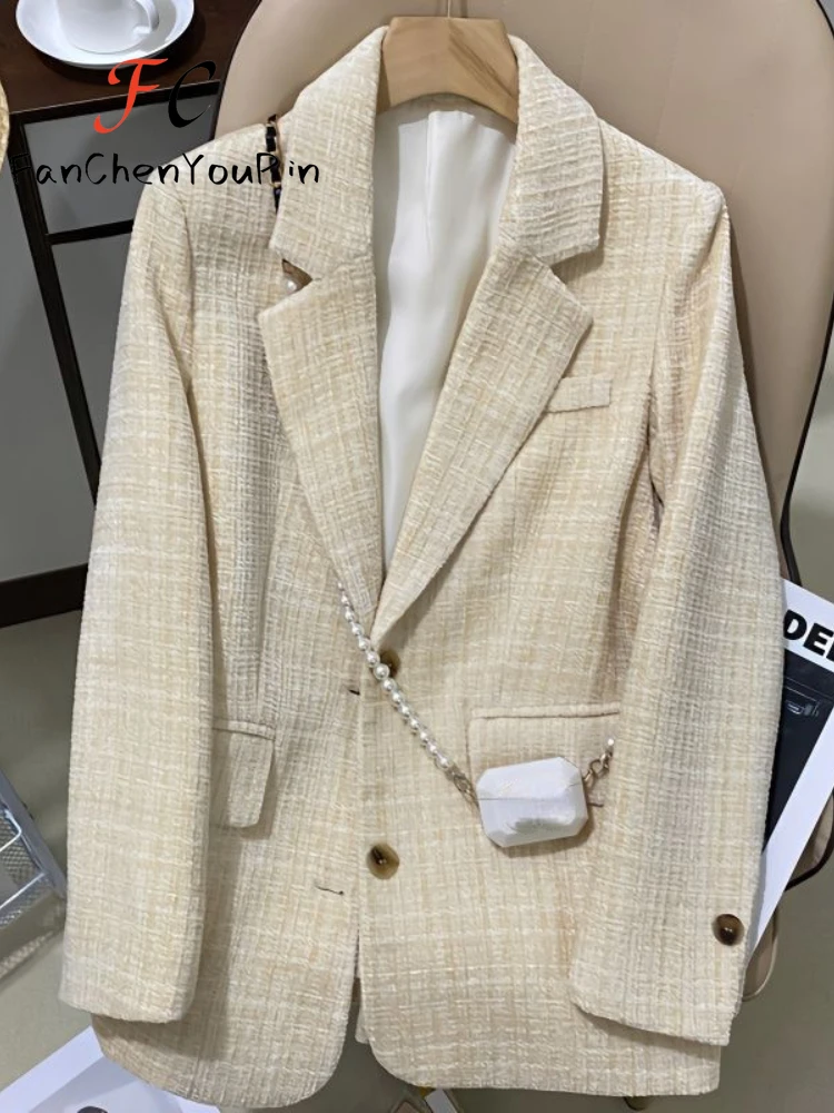 Beige Womens Coats Spring 2024 New Exquisite High-grade Design Sense Casual Top Temperament Small Fragrance Tweed Blazers Female