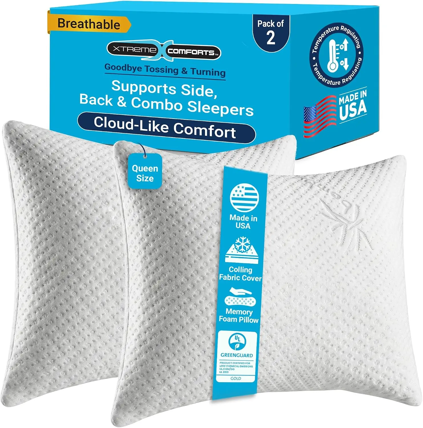 Memory Foam Pillows | GREENGUARD Certified Shredded Foam Fill for Personalized Support | Slim Cooling Bed Pillows for Side