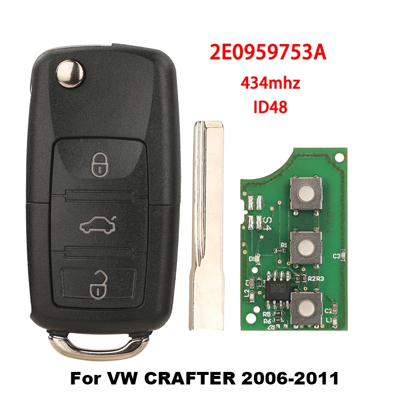

jingyuqin Remote 2E0959753A Car Key Control Fob For VW Volkswagen Crafter 2006-2016 Remote Car key 434Mhz ID48