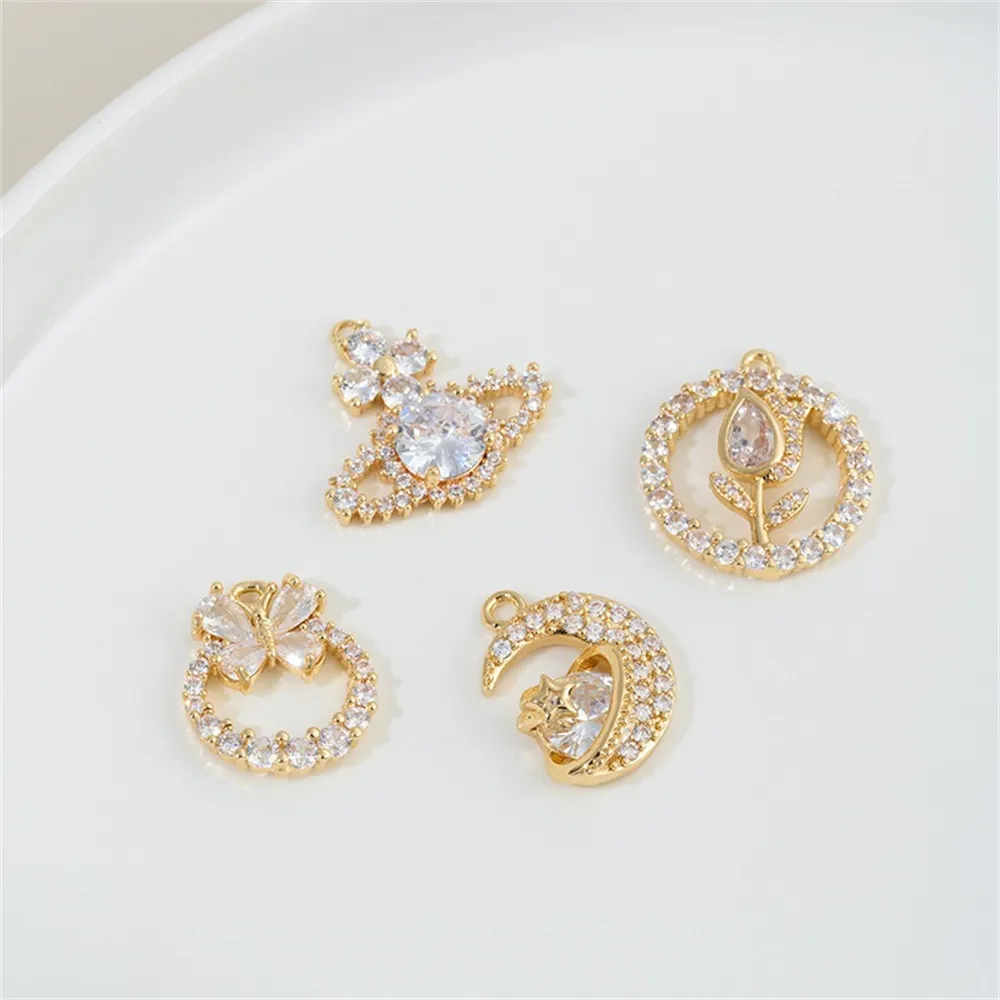 1pcs 14K Gold-plated Micro-inlaid Zircon Butterfly Tulip Wreath Star and Moon Pendant Diy Accessory Necklace Accessory Material