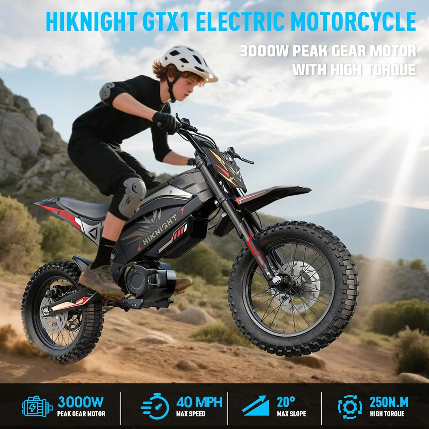HIKNIGHT GTX1 Youth Electric Off road Vehicle, 3000W Peak 14 inch/12 inch Thick Tire Electric Motorcycle 48V 21AH