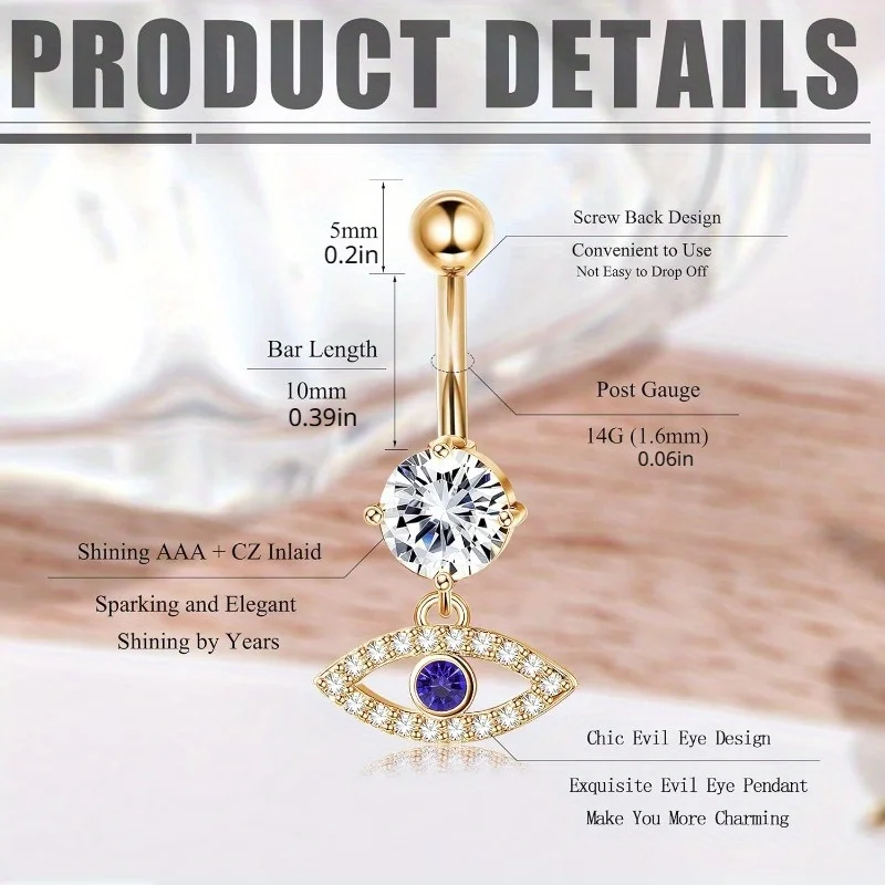 Drperfect 1Pcs 14G Belly Button Ring Dangling Gold Plated Belly Button Rings Classic Navel Rings Trendy Belly Button Rings Pack