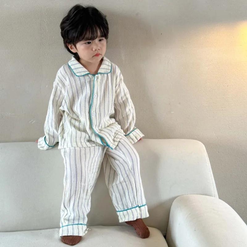 2023 Autumn Kids pajamas set Floral Vertical stripe Yarn cotton long sleeve sleepwear Girls Boys casual Home Wear