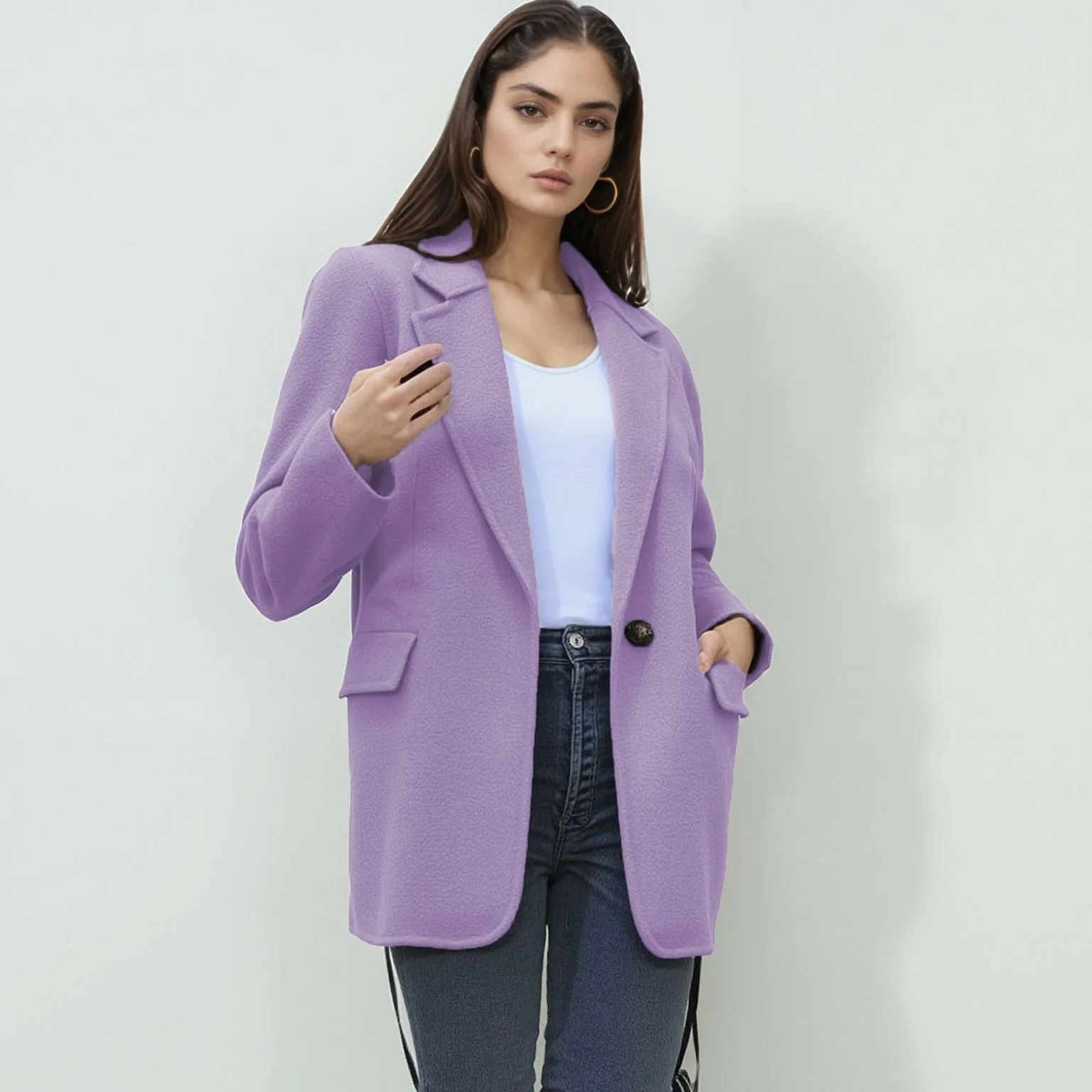 

Thickened Long Sleeve Comfortable Autumn Winte Casual Woolen Suit Jacket for Women with Button Pocket Turn-down Collar Medium